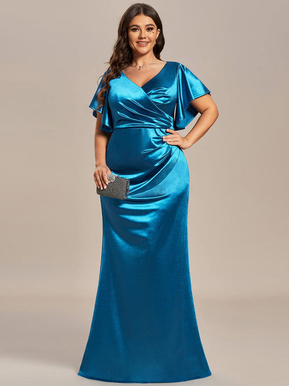 Plus Size Pleated Bodycon Ruffles Sleeve High Stretch Satin Evening Dress #color_Teal