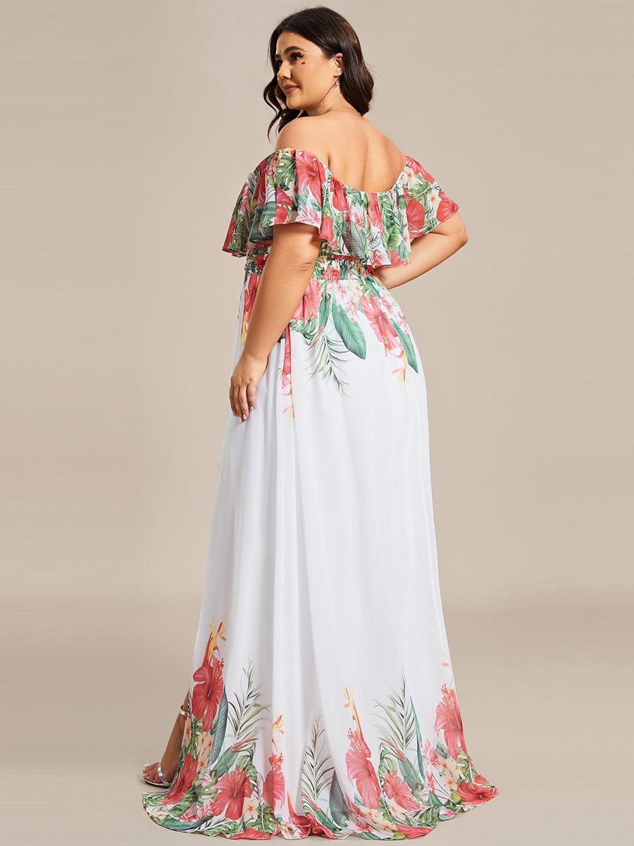 Summer Plus Size Off the Shoulder Elastic Waist Printed Evening Dress #color_White Red