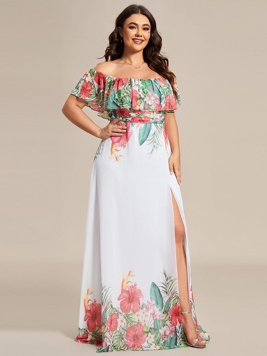 Summer Printed Chiffon Off the Shoulder A-Line Evening Dress #color_White Red