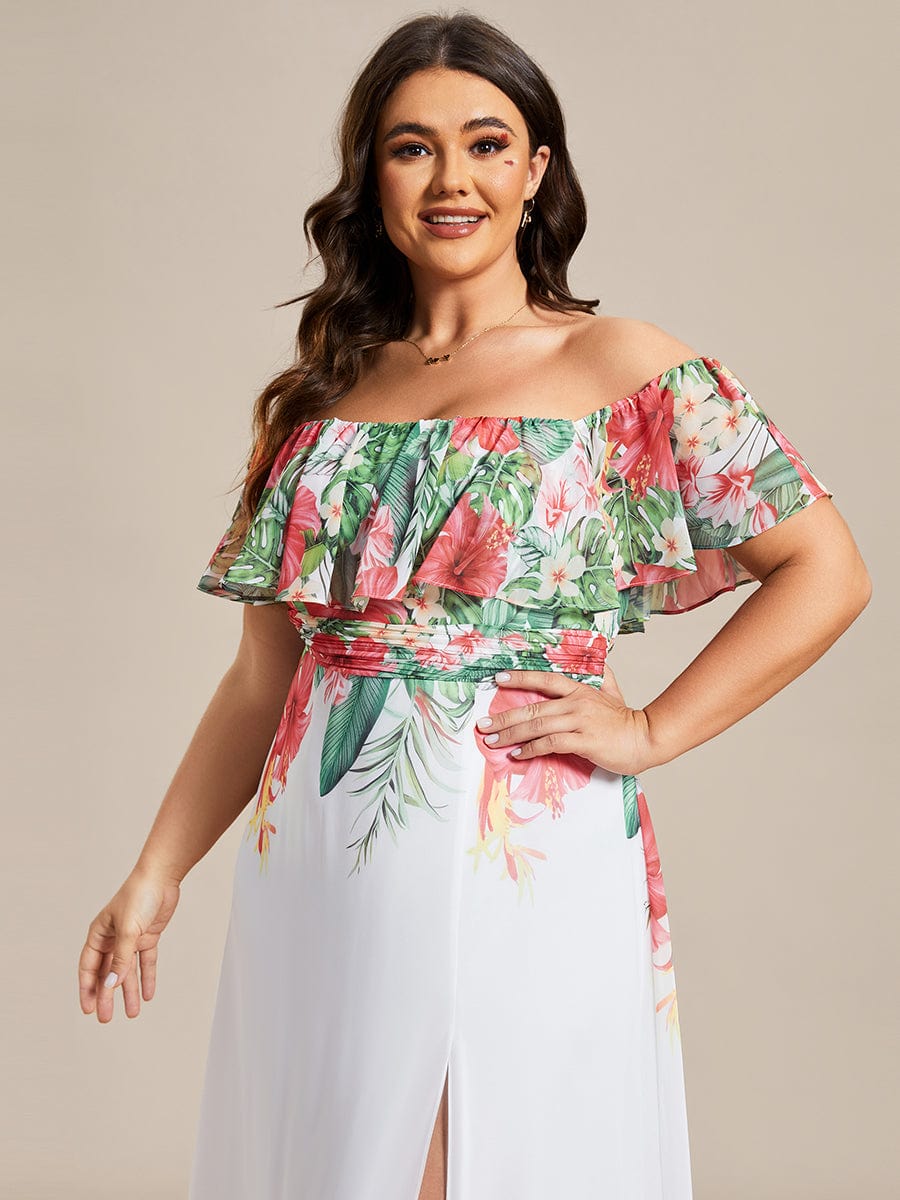 Summer Printed Chiffon Off the Shoulder A-Line Evening Dress #color_White Red