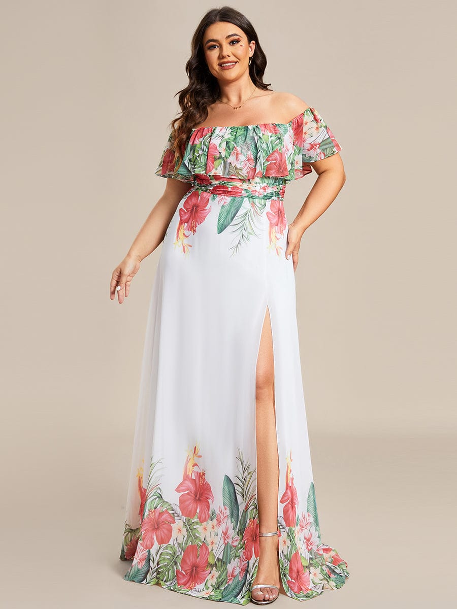 Summer Plus Size Off the Shoulder Elastic Waist Printed Evening Dress #color_White Red