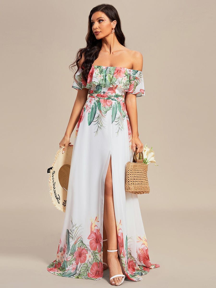 Summer Printed Chiffon Off the Shoulder A-Line Evening Dress #color_White Red