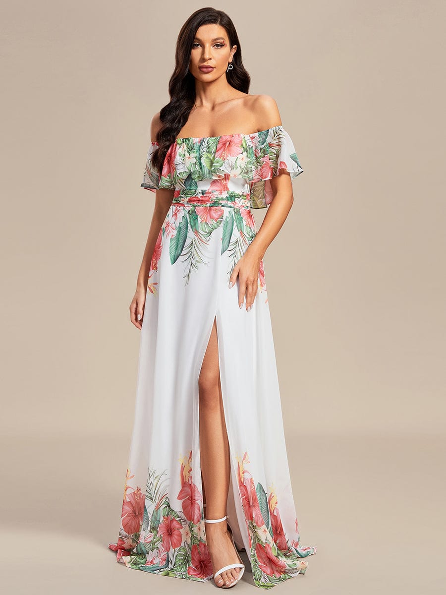 Summer Printed Chiffon Off the Shoulder A-Line Evening Dress #color_White Red