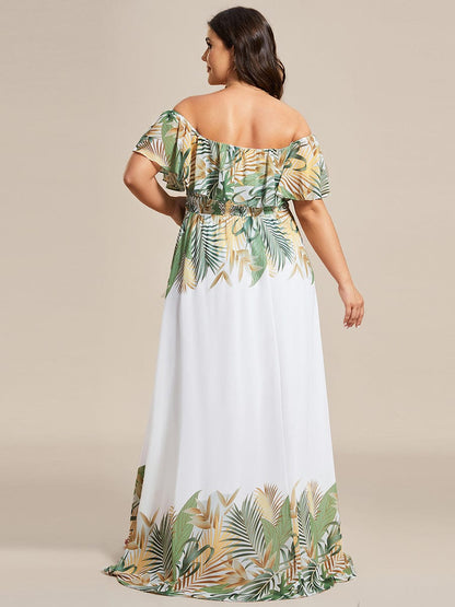 Summer Printed Chiffon Off the Shoulder A-Line Evening Dress #color_White Green