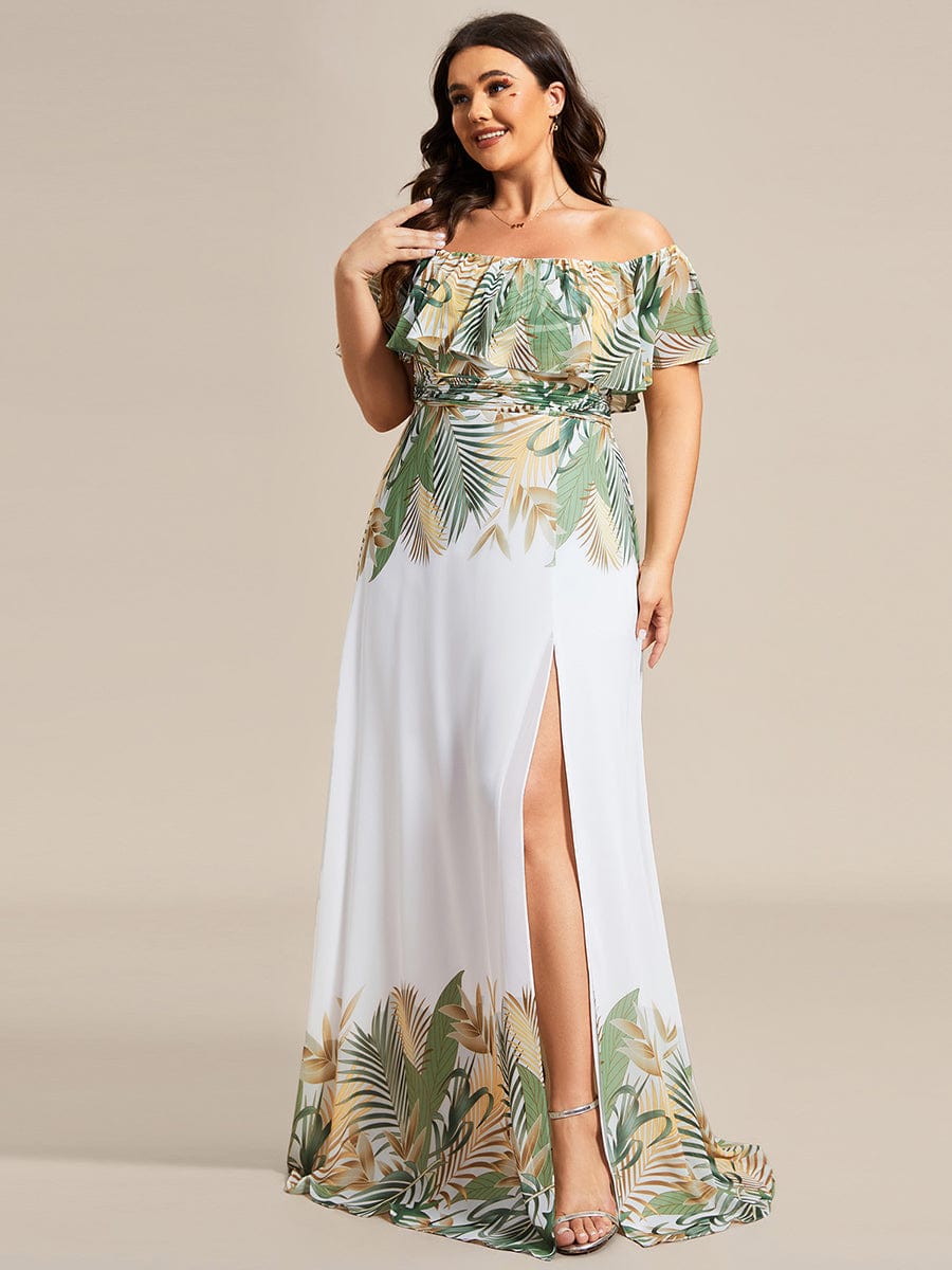 Summer Plus Size Off the Shoulder Elastic Waist Printed Evening Dress