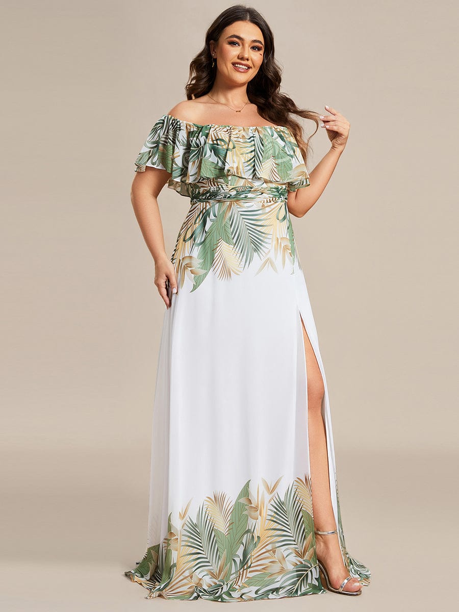 Summer Plus Size Off the Shoulder Elastic Waist Printed Evening Dress #color_White Green