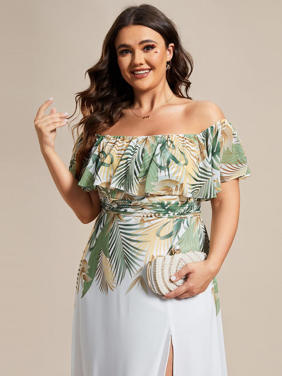 Summer Printed Chiffon Off the Shoulder A-Line Evening Dress #color_White Green