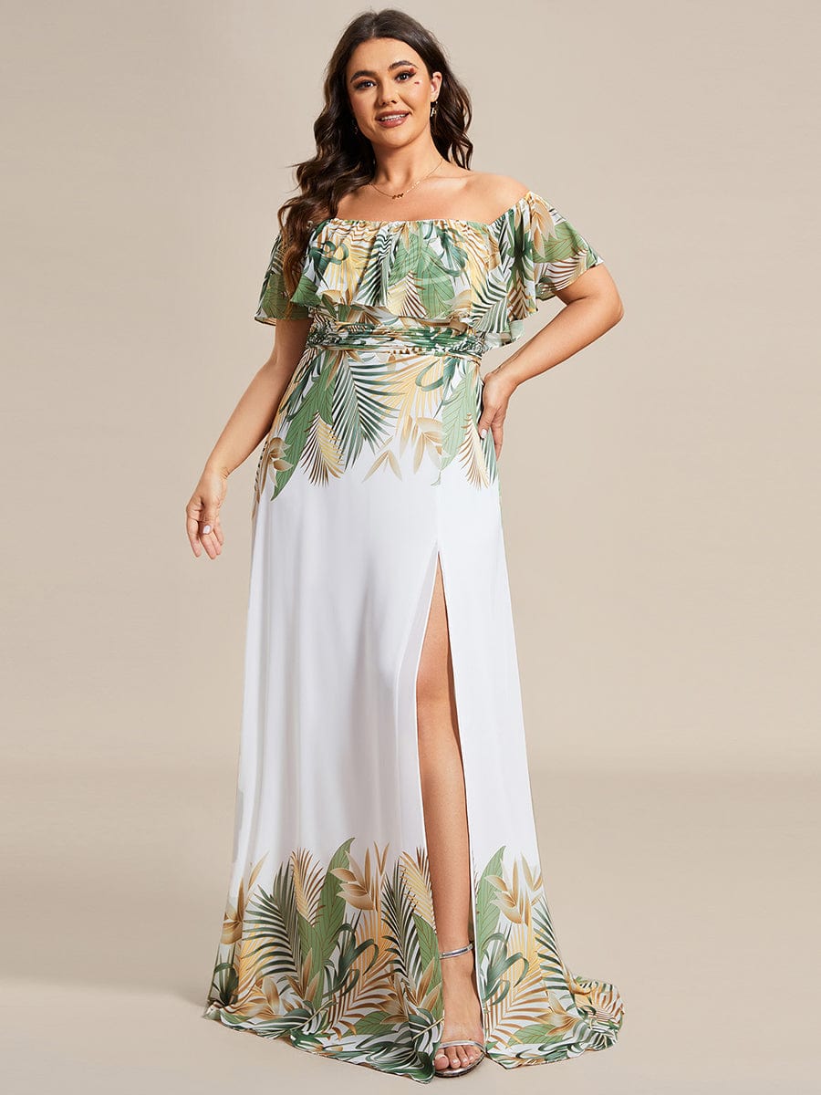 Summer Plus Size Off the Shoulder Elastic Waist Printed Evening Dress #color_White Green