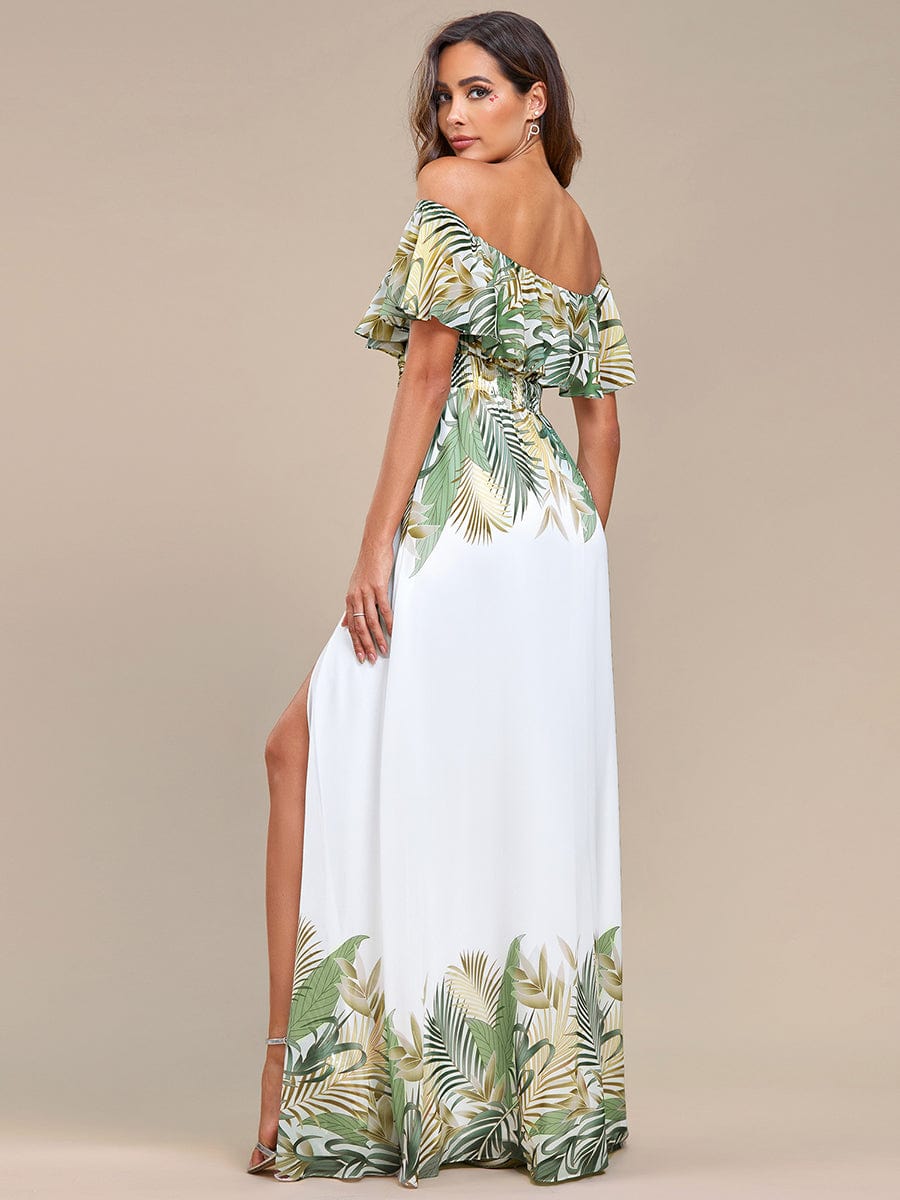 Summer Printed Chiffon Off the Shoulder A-Line Evening Dress #color_White Green