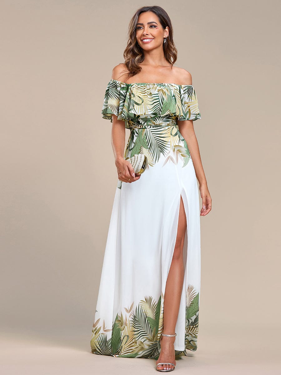 Summer Printed Chiffon Off the Shoulder A-Line Evening Dress #color_White Green