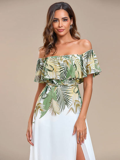 Summer Printed Chiffon Off the Shoulder A-Line Evening Dress #color_White Green