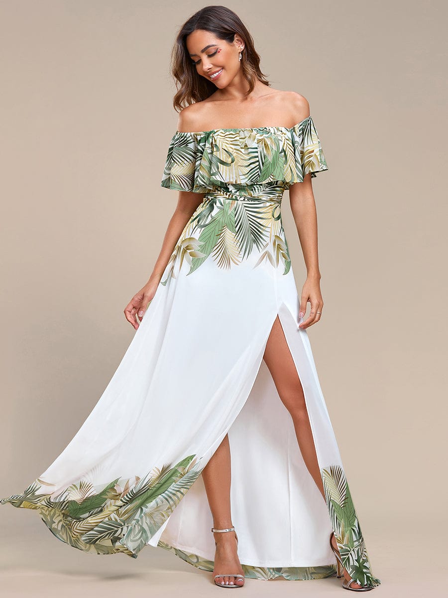 Summer Printed Chiffon Off the Shoulder A-Line Evening Dress #color_White Green