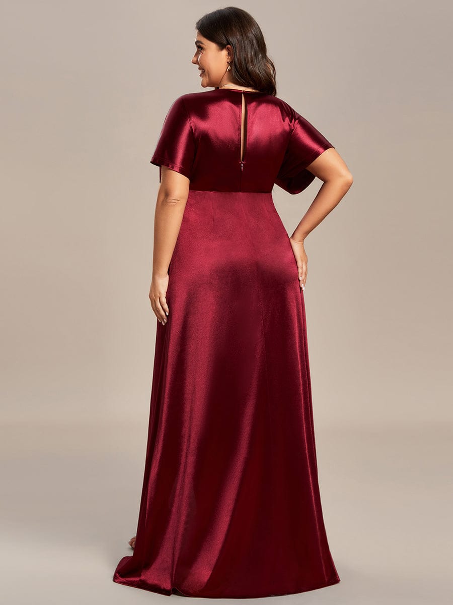 Plus Size High Front Slit Bat-Wing Sleeve Satin Evening Dress #color_Burgundy