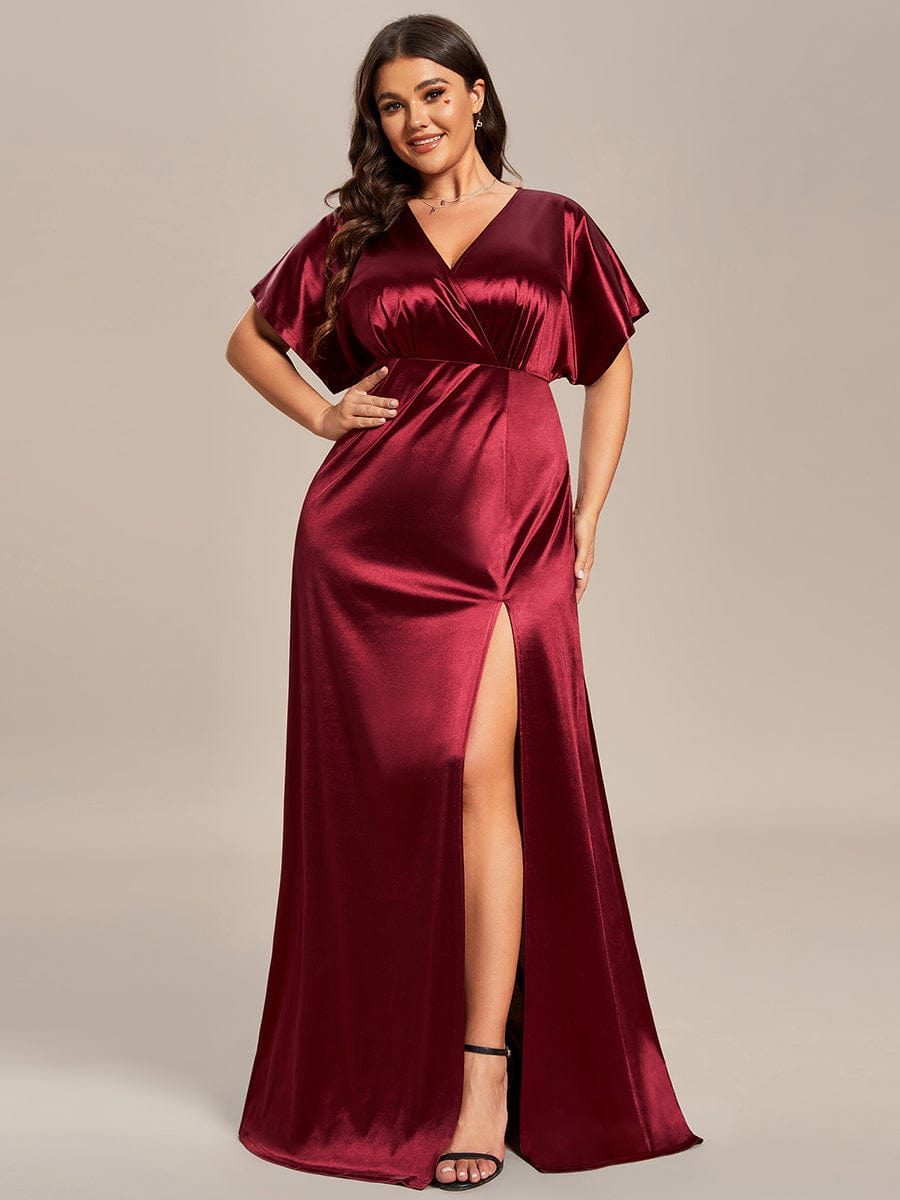 Plus Size High Front Slit Bat-Wing Sleeve Satin Evening Dress #color_Burgundy