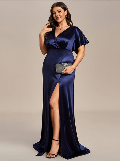 Plus Size High Front Slit Bat-Wing Sleeve Satin Evening Dress #color_Navy Blue