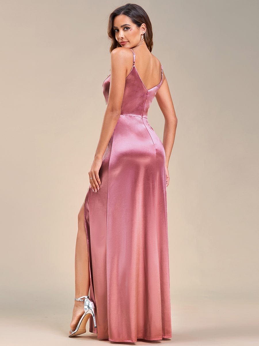 Spaghetti Straps High Stretch V-Neck Sleeveless Satin Evening Dress #color_Purple Orchid