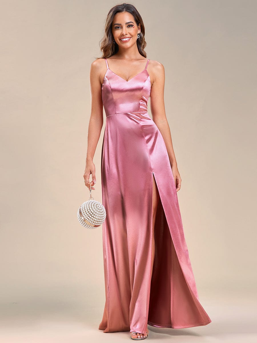 Spaghetti Straps High Stretch V-Neck Sleeveless Satin Evening Dress #color_Purple Orchid