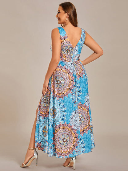 Plus Size Floral Sleeveless High-Slit Midi Evening Dress #color_Bohemian Light Blue