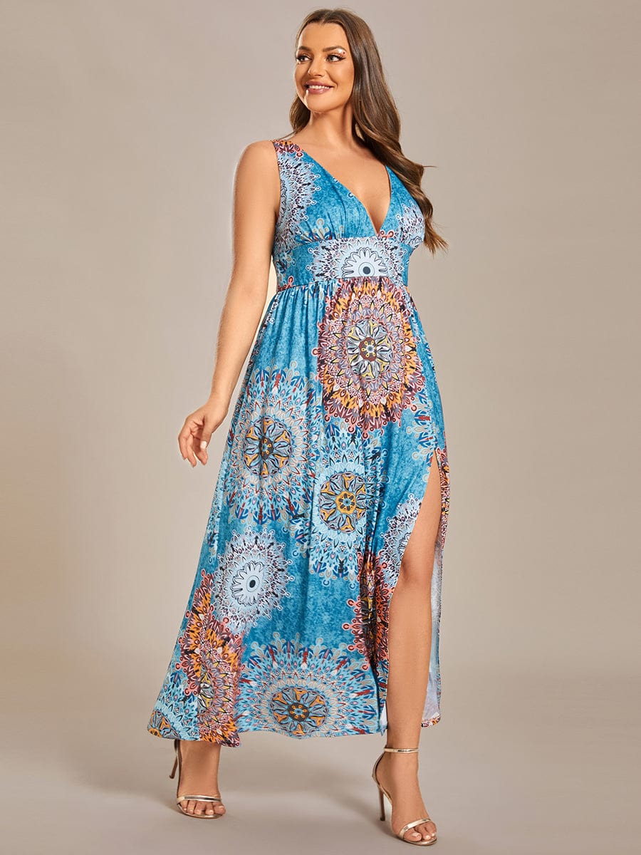 Plus Size Floral Sleeveless High-Slit Midi Evening Dress #color_Bohemian Light Blue