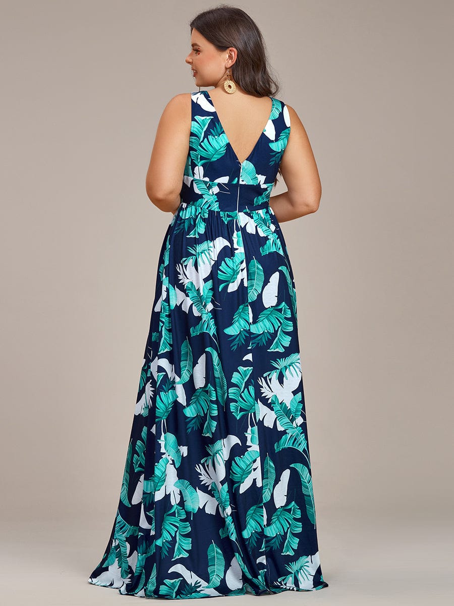 Plus Size Floral Sleeveless High-Slit Midi Evening Dress #color_Navy Green