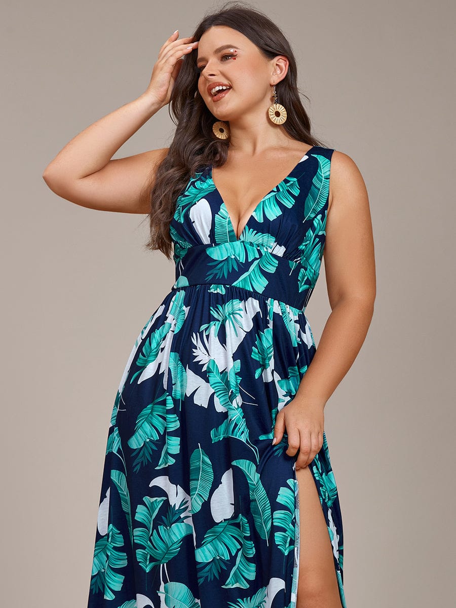 Plus Size Floral Sleeveless High-Slit Midi Evening Dress #color_Navy Green