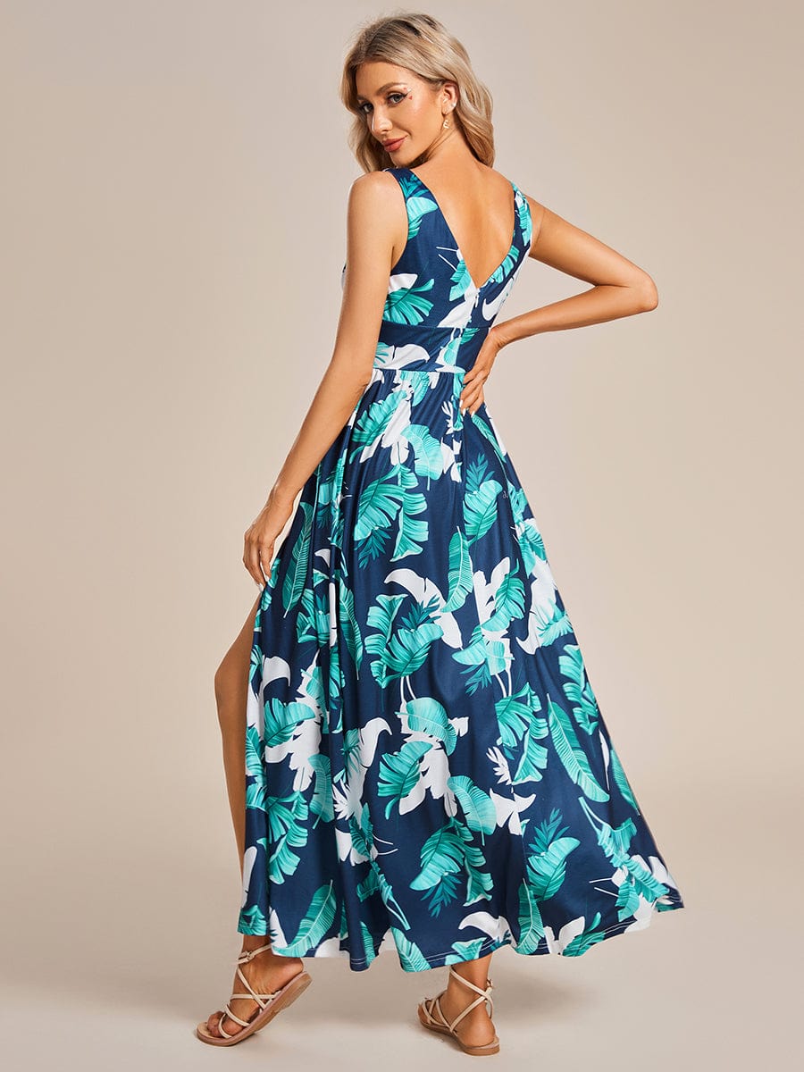 Summer Floral Sleeveless High-Slit Midi Evening Dress #color_Navy Green