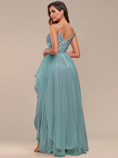 Spaghetti Strap Sequin Top A-Line High Low Tulle Evening Dress #color_Dusty Blue