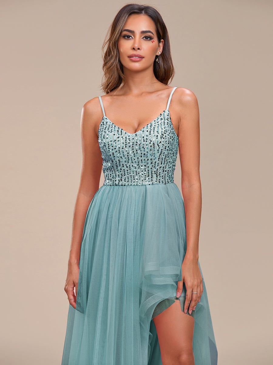 Spaghetti Strap Sequin Top A-Line High Low Tulle Evening Dress #color_Dusty Blue