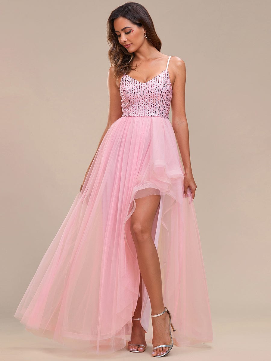 Spaghetti Strap Sequin Top A-Line High Low Tulle Evening Dress #color_Pink