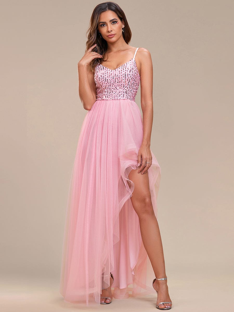 Spaghetti Strap Sequin Top A-Line High Low Tulle Evening Dress #color_Pink