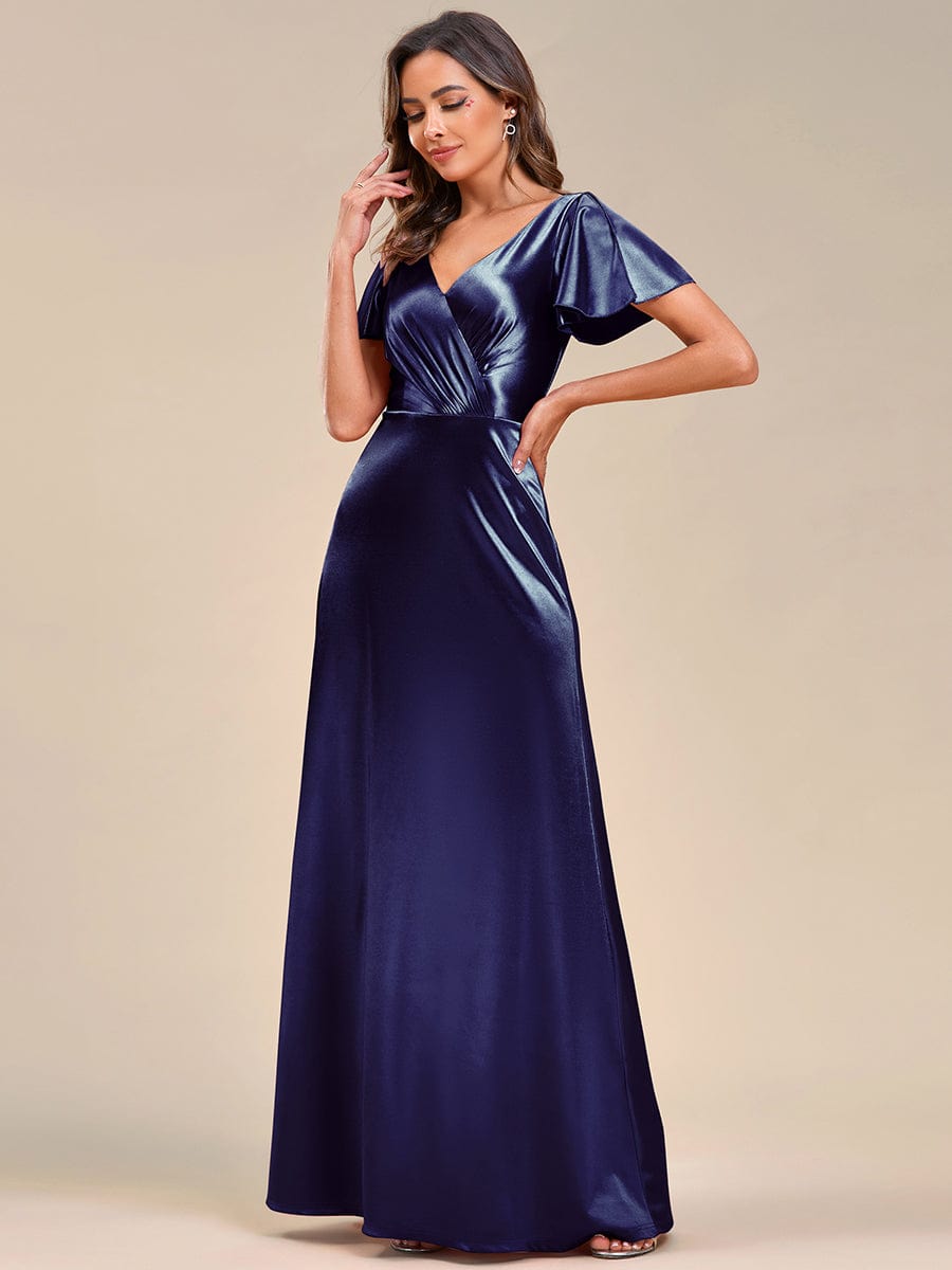 Ruffles Sleeve A-Line Pleated Satin Back V-Neck Evening Dress #color_Navy Blue