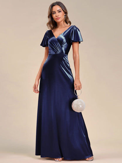 Ruffles Sleeve A-Line Pleated Satin Back V-Neck Evening Dress #color_Navy Blue