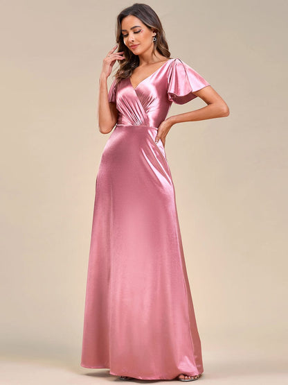 Ruffles Sleeve A-Line Pleated Satin Back V-Neck Evening Dress #color_Purple Orchid