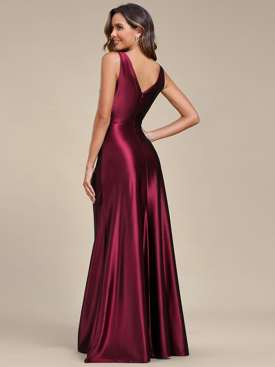 Deep V-Neck Stylish Waist Pleated High Slit Satin Evening Dress #color_Burgundy