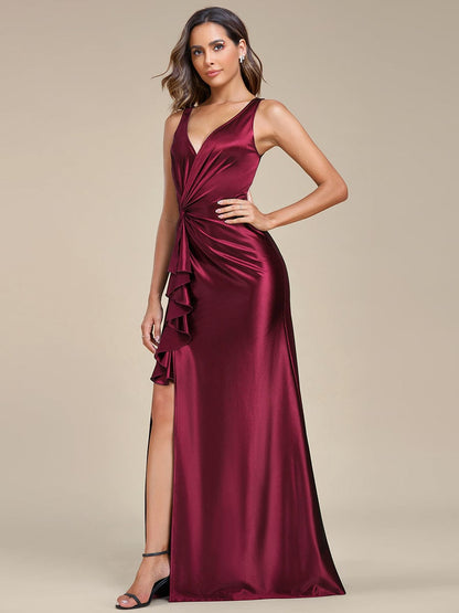 Deep V-Neck Stylish Waist Pleated High Slit Satin Evening Dress #color_Burgundy