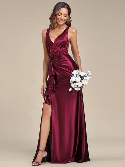 Deep V-Neck Stylish Waist Pleated High Slit Satin Evening Dress #color_Burgundy