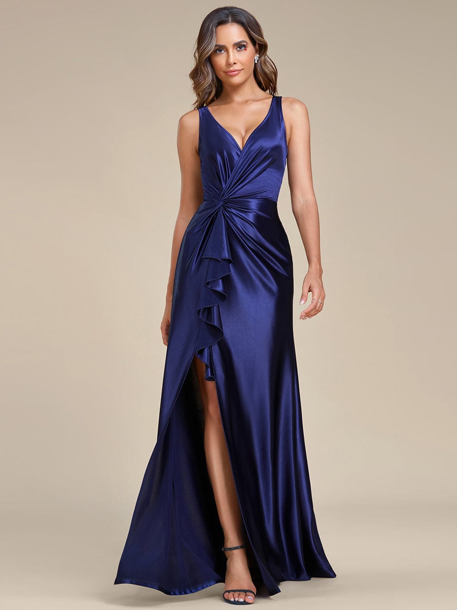 Deep V-Neck Stylish Waist Pleated High Slit Satin Evening Dress #color_Navy Blue