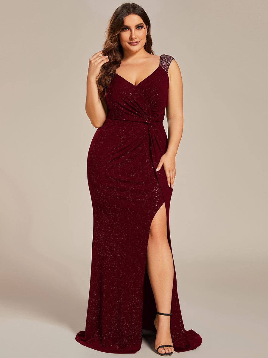 Custom Size Glitter V-Neck High Slit Sequin Shoulder Strap Evening Dress #color_Burgundy