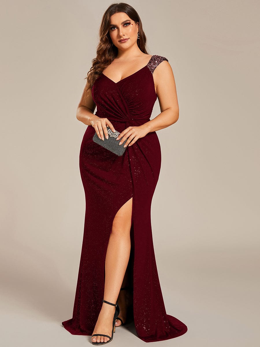 Custom Size Glitter V-Neck High Slit Sequin Shoulder Strap Evening Dress #color_Burgundy