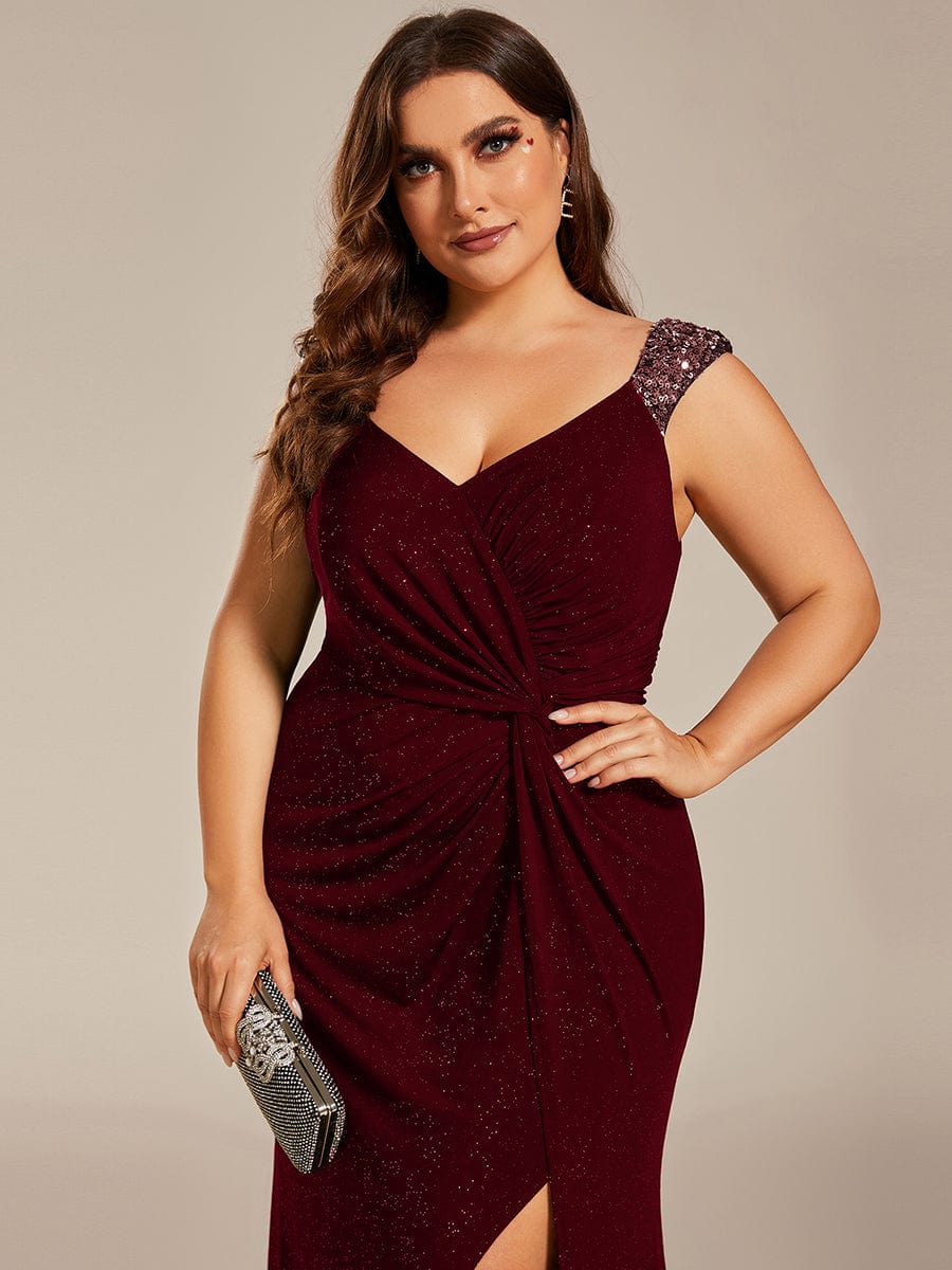 Custom Size Glitter V-Neck High Slit Sequin Shoulder Strap Evening Dress #color_Burgundy