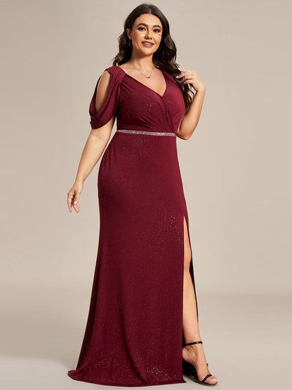 Cold Shoulder Puff Sleeve Shiny Belt Backless Glitter Evening Dress #color_Burgundy