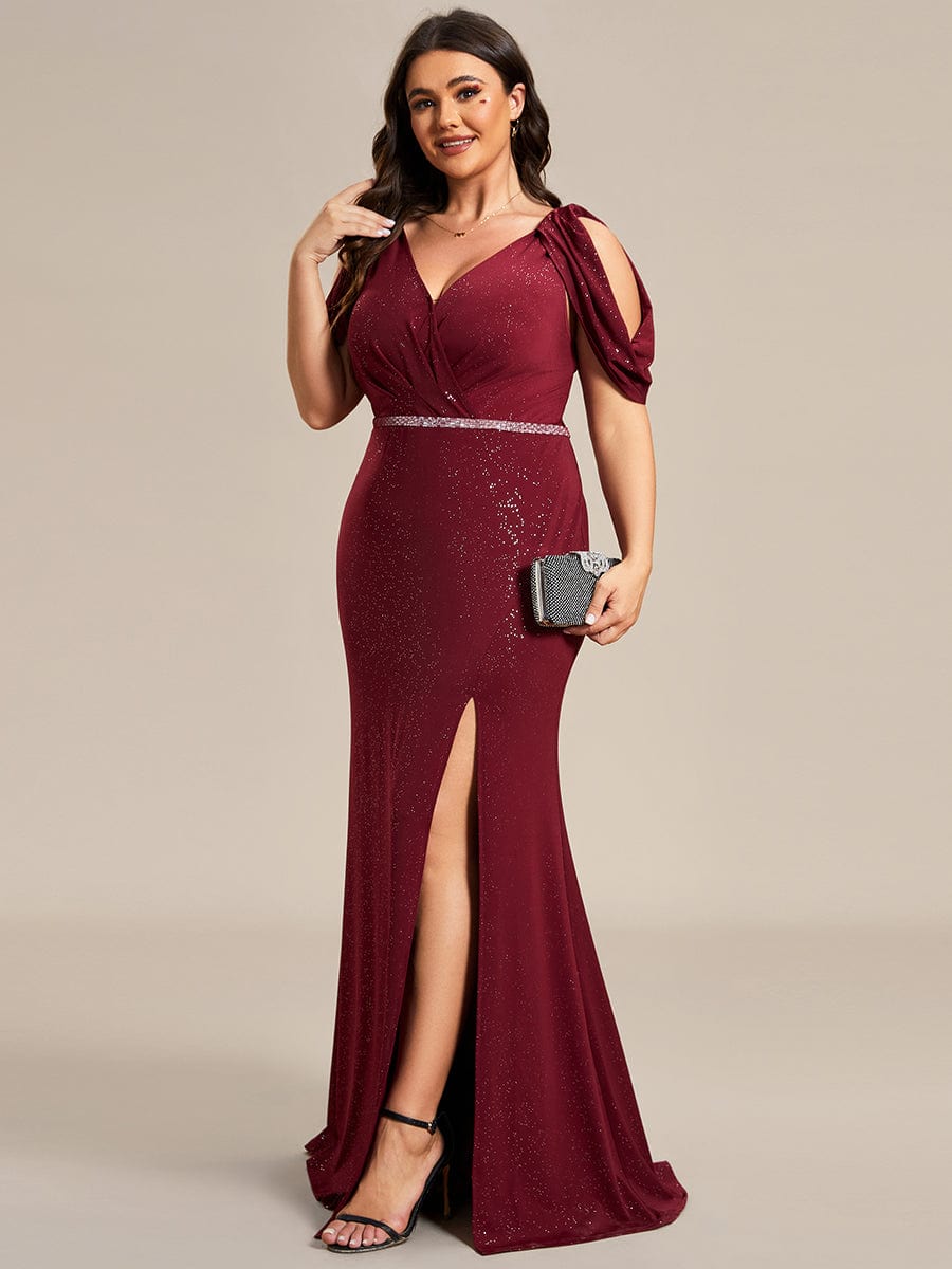 Plus Size Sparkly Glitter Cold Shoulder Shiny Belt Backless Evening Dress #color_Burgundy