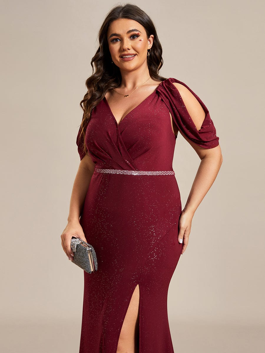 Cold Shoulder Puff Sleeve Shiny Belt Backless Glitter Evening Dress #color_Burgundy