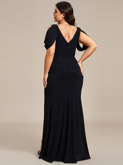 Cold Shoulder Puff Sleeve Shiny Belt Backless Glitter Evening Dress #color_Black