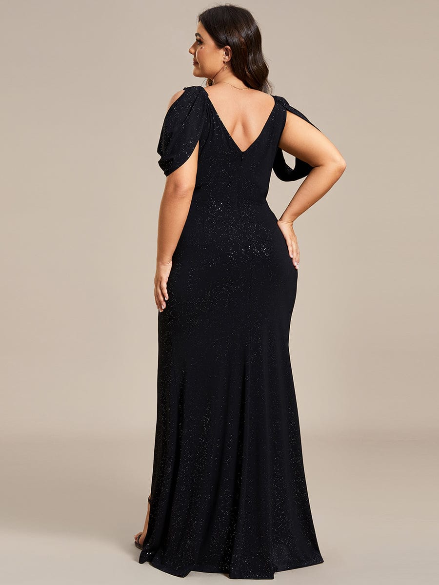 Plus Size Sparkly Glitter Cold Shoulder Shiny Belt Backless Evening Dress #color_Black