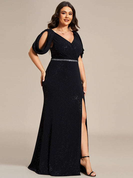 Plus Size Sparkly Glitter Cold Shoulder Shiny Belt Backless Evening Dress #color_Black