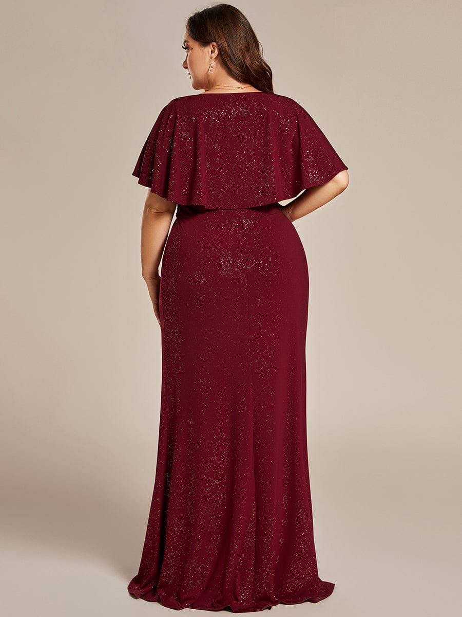 Plus Size Glitter Bat-Wing Sleeve Waist-Cinching Mermaid Evening Dress #color_Burgundy