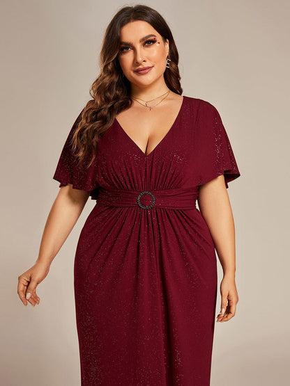 Plus Size Glitter Bat-Wing Sleeve Waist-Cinching Mermaid Evening Dress #color_Burgundy