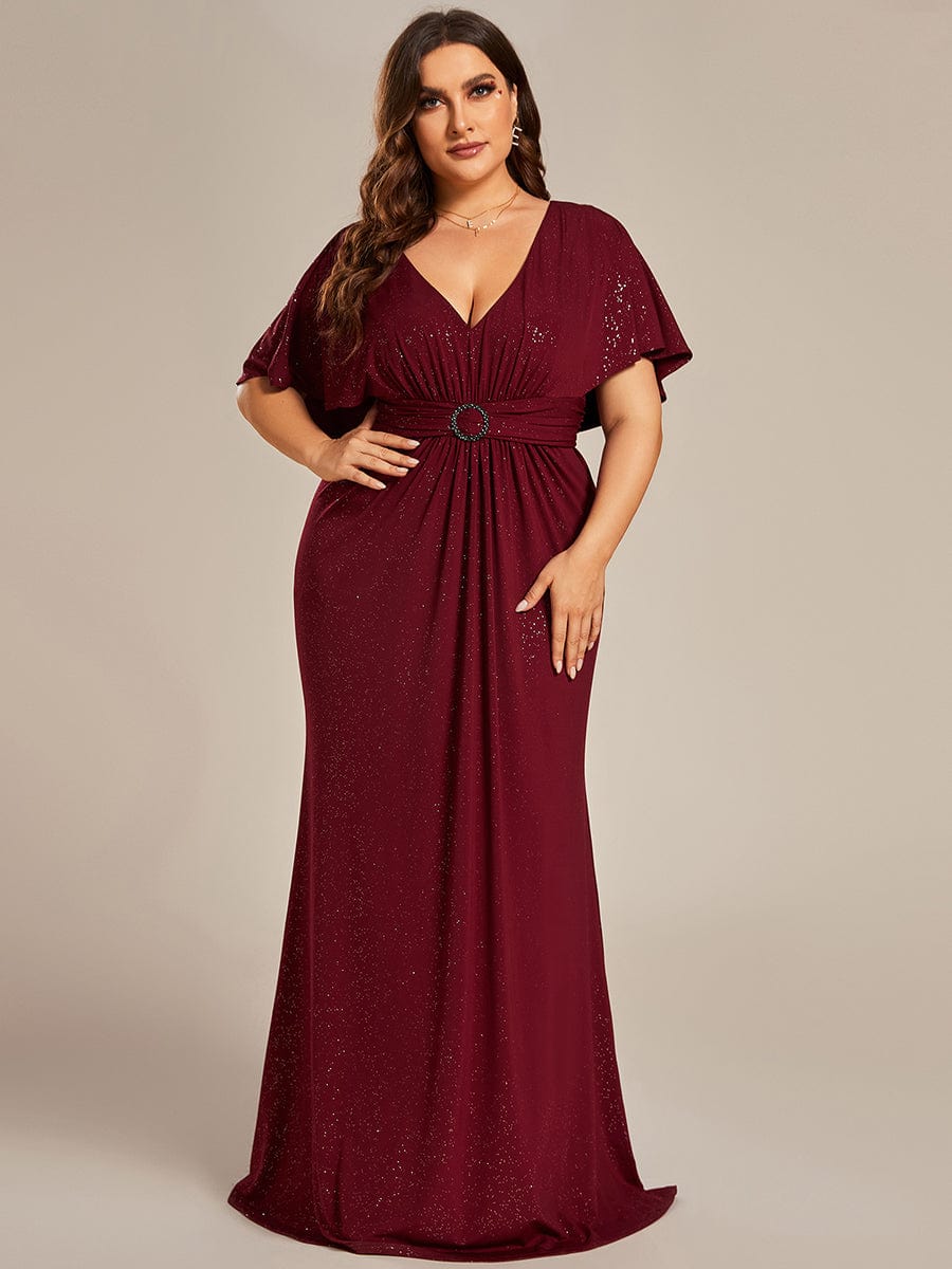 Plus Size Glitter Bat-Wing Sleeve Waist-Cinching Mermaid Evening Dress #color_Burgundy