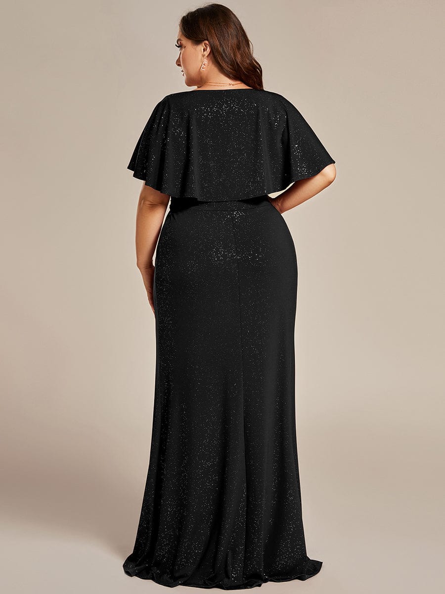 Plus Size Glitter Bat-Wing Sleeve Waist-Cinching Mermaid Evening Dress #color_Black